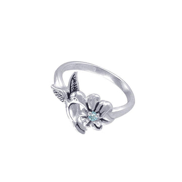 Silver Flying Hummingbird with Gemstone Flower Ring TRI1803 - Jewelry